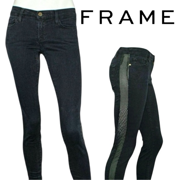FRAME Denim Black Le Skinny Tuxe Stripe Jeans Mesh Inset Stretch Ankle Size 27 - Picture 1 of 14